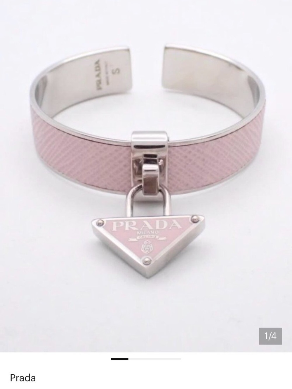 Prada Silver-Tone Cuff Bracelet with Pink Enamel Triangle Charm minimally used